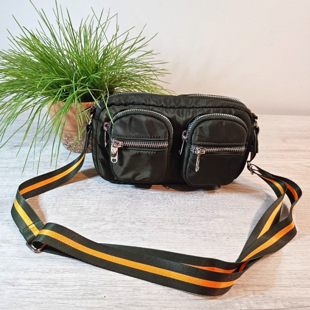 Olive Green Nylon Crossbody Bag Dual Pocket Adjustable Strap Sporty - Picture 3 of 12
